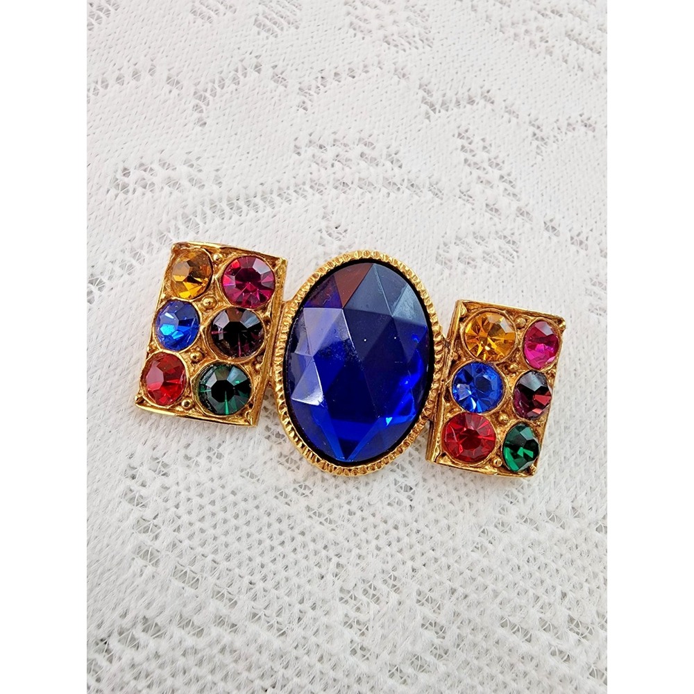 Vintage 80s Brooch Pin Renaissance Byzantine Revival Bow Bar Rhinestone‎ Signed